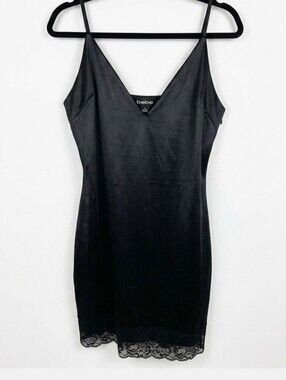 bebe Black Satin Slip Dress with Lace Hem Size Large